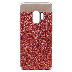 Galaxy S9 Sparkling Glitter Chrome Fancy Case with Metal Plate (Red)